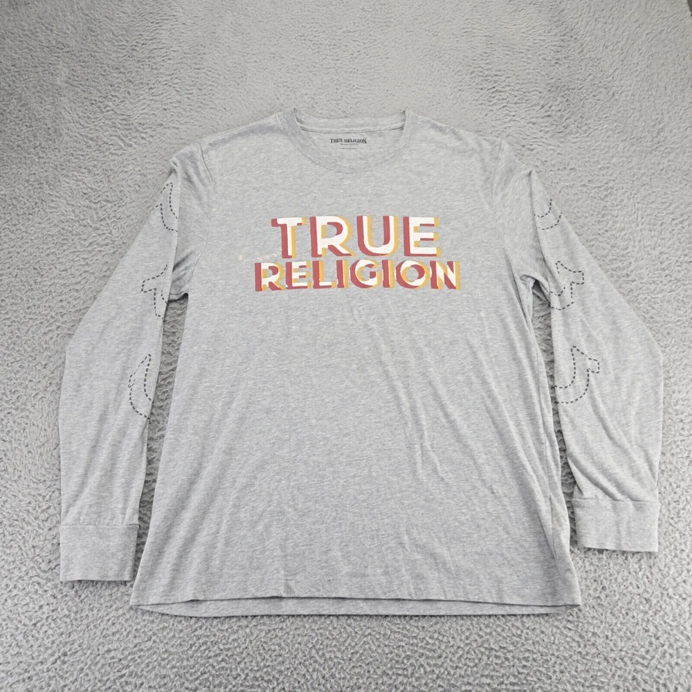 True Religion Shirt Mens Large Gray Heather Spellout Long Sleeve Crew Neck
